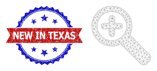 Net zoom in polygonal model icon, and bicolor rubber New in Texas seal stamp. Red stamp includes New in Texas tag inside ribbon and blue rosette. Vector frame polygonal net zoom in icon.