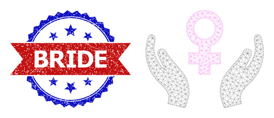 Net mesh female care polygonal model icon, and bicolor grunge Bride seal stamp. Red seal has Bride title inside ribbon and blue rosette. Vector carcass polygonal mesh female care icon.