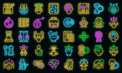 Stress reduction icons set outline vector. Anger balance. Calm control vector neon
