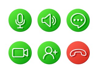 set of video call icons, video conference buttons, collections buttons video chat app, call technology, web app ui display template, videoconferencing and online meeting workspace, green vector icons - obrazy, fototapety, plakaty