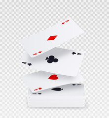 Playing falling cards. Set for playing poker or blackjack, online gambling and entertainment. Graphic elements for betting shops advertising, marketing. Realistic isometric vector illustration
