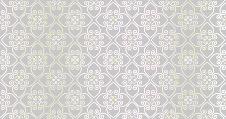 Abstract seamless pattern. Arabic line ornament with floral shapes. Linear ornamental geometric texture. Artistic backdrop in arab orient textile style.