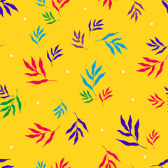 Vector illustration of bright multicolored leaves of tropical plants forming seamless pattern on yellow background