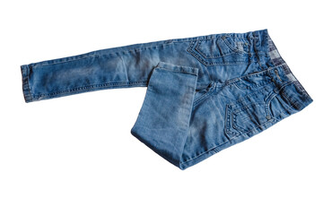 Clothes for cool weather, for girls,women and men,jeans pants,blue, blue jeans, highlighted on a white background. Denim clothing. Skinny Tight Blue Jeans are lying on a white light table.