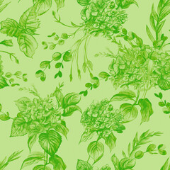 Seamless summer graphic pattern with a bouquet of hydrangeas on a green background. Monochrome green flowers for textile and design