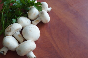 White champignon mushrooms and parsley green leaves on wooden table