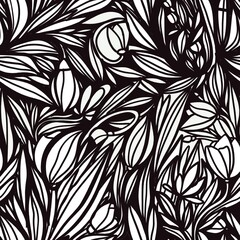 Tulip hand drawn line doodle illustration for your design/ Seamless pattern
