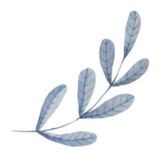 watercolor illustration of a decorative curved blue twig with leaves.