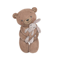 watercolor illustration of a cute cartoon baby bear. The character stands and hugs his favorite bunny toy.