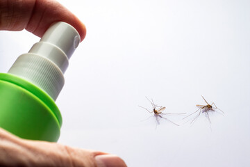 Pair of mosquitoes being sprayed with insect repellent