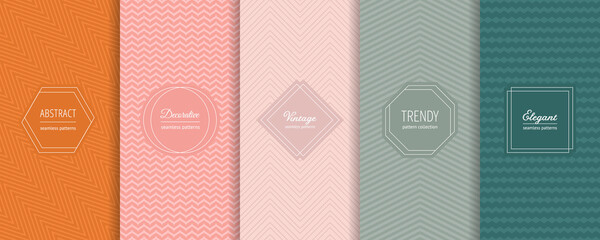 Fototapeta Vector geometric seamless patterns collection. Set of modern backgrounds with minimal labels. Abstract zigzag line ornament, chevron textures. Trendy pastel color palette. Elegant decorative design obraz