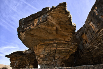 Exposed rock strata in a wall