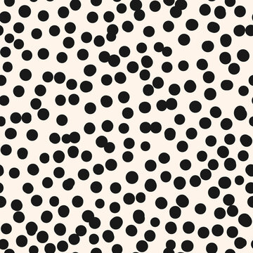 Polka dot vector monochrome seamless pattern. Irregular chaotic black spots, circles on white background. Simple abstract minimal texture. Repeat design for print, cover, wallpaper, wrapping, decor