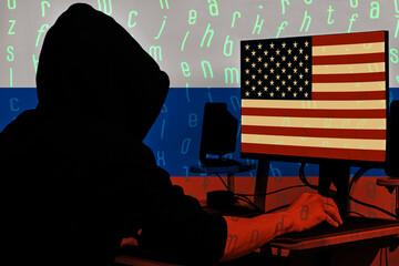Russian hacker attacks America. Information war between west and east. Russia vs USA. Confrontation...