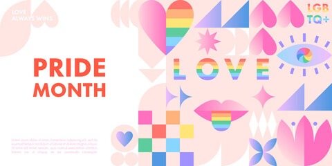 Pride month banner template.LGBTQ+ community vector layout in bauhaus style with geometric elements and rainbow lgbt symbols.Human rights movement concept.Gay parade.Colorful cover design. - obrazy, fototapety, plakaty