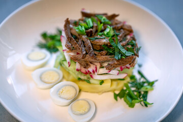 Okroshka cold summer soup.
Russian spring-summer cold soup with vegetables on kefir.
Cold soup Okroshka with meat and egg.
Cold traditional Russian and Ukrainian soup Okroshka.