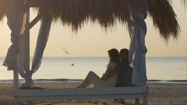 Portrait of embraced woman and man sitting in canopy feeling sea warm, bird fly, love