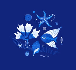 Fototapeta na wymiar Cosmic fish, seaweed, seashells, starfish. Magic underwater life. Marine composition. Ocean creatures decorated with stars. Blue, white colors. Illustration for t-shirt, cover, poster, sticker
