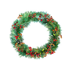 Fototapeta na wymiar 738_cones, spruce, pine_rowanberry traditional Christmas wreath of fir branches, green with cones, needles, natural New Year decoration vector illustration, red berries of viburnum, rowan