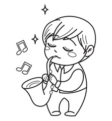 Chibi guy saxophonist. Coloring page. Kawaii character. Line illustration.
