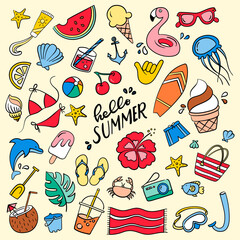 Hello Summer. Doodles colorful background.