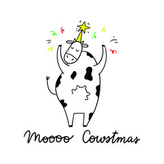 Merry Christmas cow greeting card. Funny Christmas lettering - Moooo Cowstmas. Animal card design.