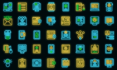 Online registration icons set outline vector. Device apply. Electronic form vector neon