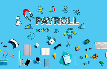 Payroll with collection of electronic gadgets and office supplies