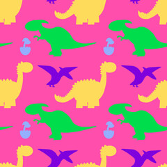 Dinosaurs and footprints vector cartoon seamless pattern on a pink background for wallpaper, wrapping, packing, and backdrop. EPS