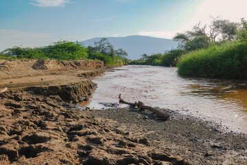 Scenic view of Ewaso Nyiro River flowing into Lake Natron in Tanzania