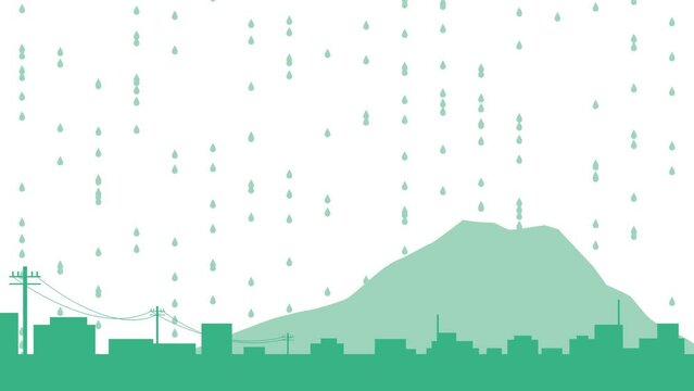 街と山に振る雨のアニメーション素材