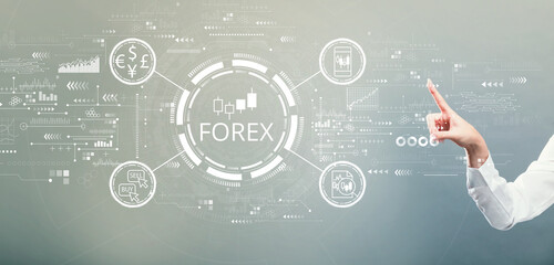 Fototapeta na wymiar Forex trading concept with hand pressing a button on a gray background
