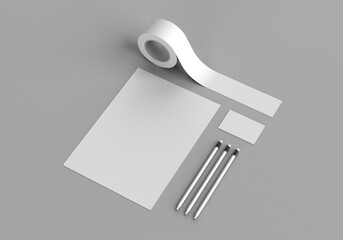 Base white stationery mockup template for branding identity on a gray background for graphic designers presentations and portfolios. 3D rendering.