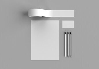 Base white stationery mockup template for branding identity on a gray background for graphic designers presentations and portfolios. 3D rendering.