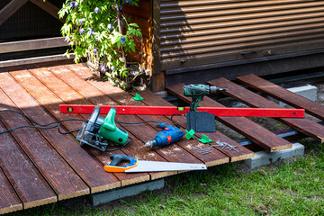 Building a terrace in the garden. DIY tools.