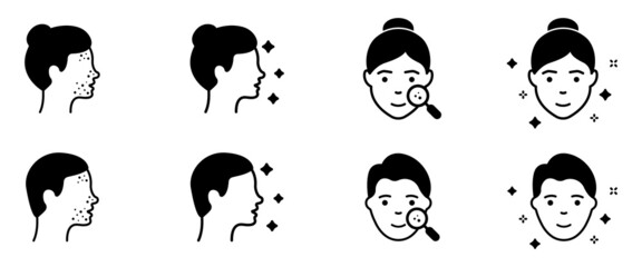 Woman and Man Faces Silhouette Icon. Pimples on Face, Blackhead, Acne, Rash Black Icon Set. Girl and Boy with Beauty Face. Dermatologic Problem, Allergy, Inflammation Skin. Vector Illustration