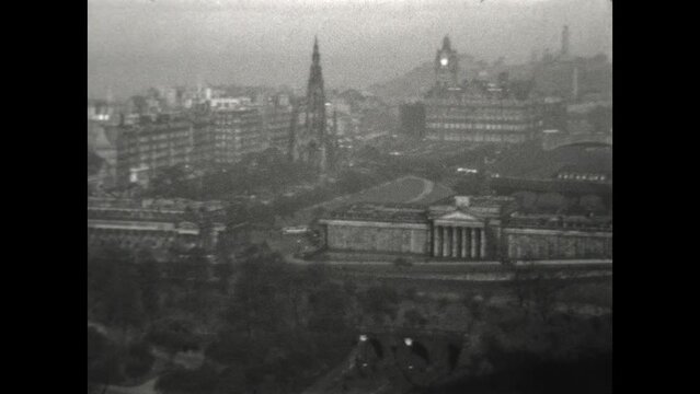 East Princes Street Gardens 1934 - Viewed from Edinburgh Castle, the camera pans across East Princes Street Gardens, in central Edinburgh, in 1934.