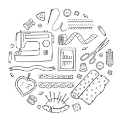 Hand drawn set of sewing and needlework doodle. Craft supplies and tools: sewing machine, buttons, scissors, pin and thread spools. Vector illustration isolated on white background.