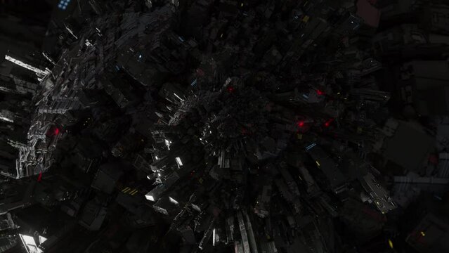 Evil City Dystopia spiral fast zoom 3d animation