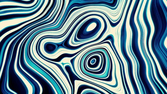 Liquid psychedelic pattern of curved lines. Motion. Moving liquid pattern with curved lines. Spots and curved lines move in psychedelic pattern
