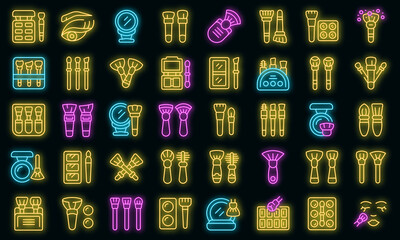 Makeup brush icons set outline vector. Cosmetic makeup. Beauty kit vector neon
