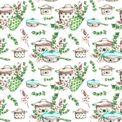 Kitchen utensils watercolor seamless pattern. Cooking, cookbook, recipe, baking. Home kitchen. Pot, frying pan, dishes. Green and brown colors. Vintage. For printing on textiles, paper.