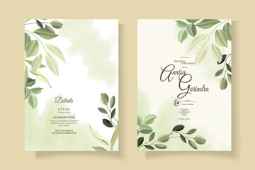 Elegant wedding invitation card with beautiful green leaves template Premium Vector