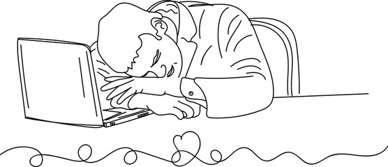 Tiered man vector, Working proffessional man logo, sketch drawing of tired worker sleeping on laptop, line art illustration silhouette of tired computer operator
