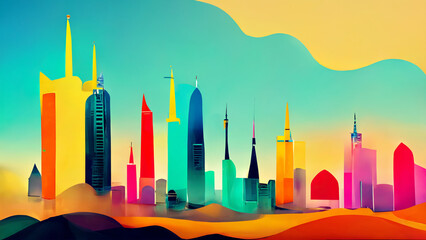 watercolor painting landscape with city horizon