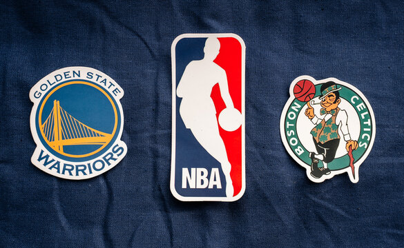 May 28, Springfield, USA. The emblems of the basketball clubs of the finals of the playoffs of the National Basketball Association of the season 2021-2022 Golden State Warriors and Boston Celtics.