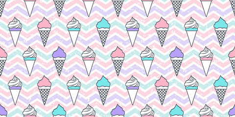 Ice cream cone vector seamless pattern, cute summer background, cartoon food print, funny sweet wallpaper. Pastel grunge wawe texture. Vintage illustration