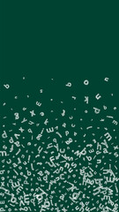 Falling letters of English language. Sketch chalk flying words of Latin alphabet. Foreign languages study concept. Modern back to school banner on blackboard background.