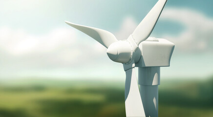 A close up of a electric power wind turbine producing energy in the countryside. 3D illustration. © James Thew