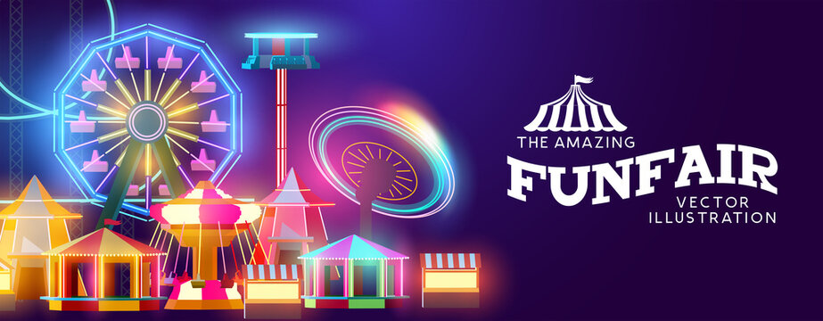 A glowing lit up circus with amusements and rides! Vector illustration